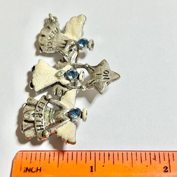 Vintage Christmas Angel Brooch Pin Silver Tone PEACE ON EARTH Star Blue Crystal - Picture 9 of 9